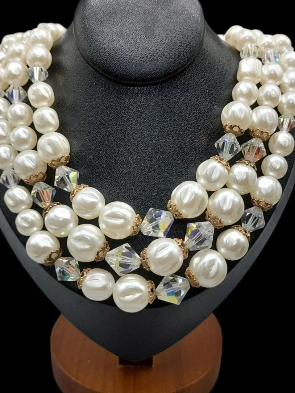Faux Pearl Choker Multistrand Necklace Aurora Borealis Prism Spacers 16